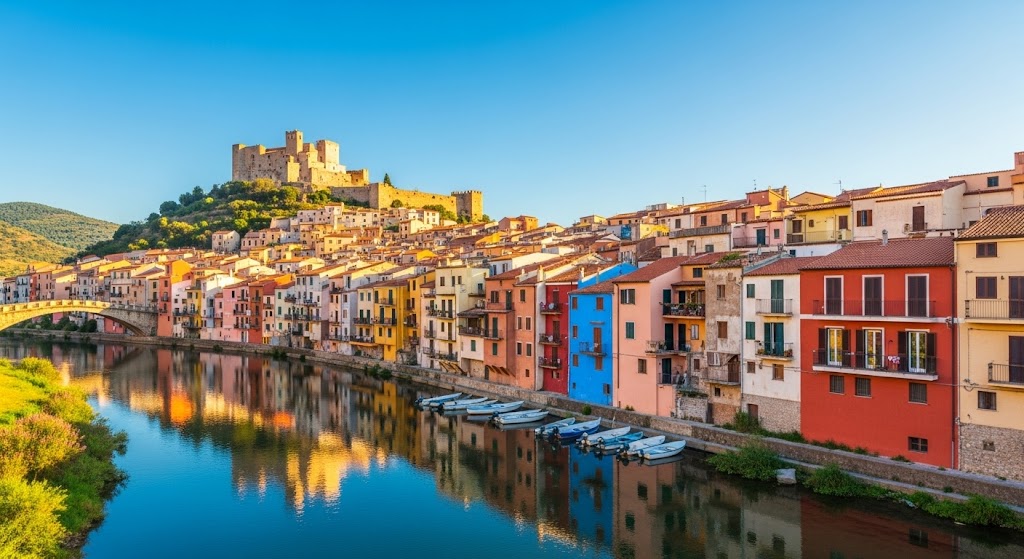 Veduta delle case colorate di Bosa che si affacciano sul fiume Temo, con il Castello Malaspina in cima alla collina.