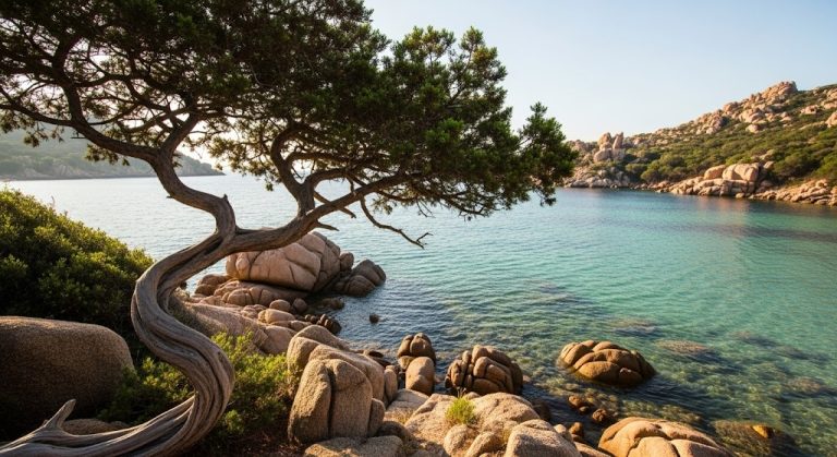 Una tranquilla insenatura della Costa Smeralda con rocce di granito e ginepri, e il mare color smeraldo sullo sfondo.