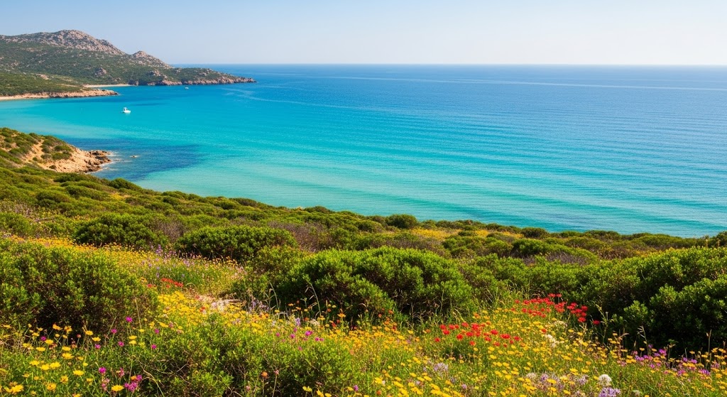 Paesaggio della Sardegna con mare turchese e macchia mediterranea fiorita, che rappresenta un periodo ideale per visitare l'isola come la primavera.