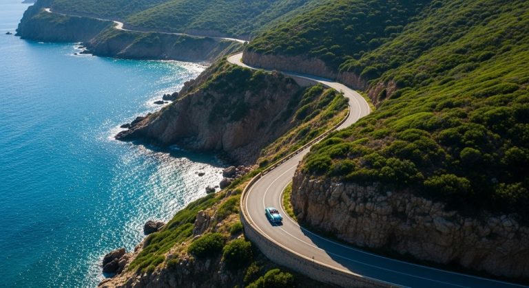 Veduta aerea di una strada tortuosa che costeggia il mare blu della Sardegna, simbolo di un itinerario on the road.