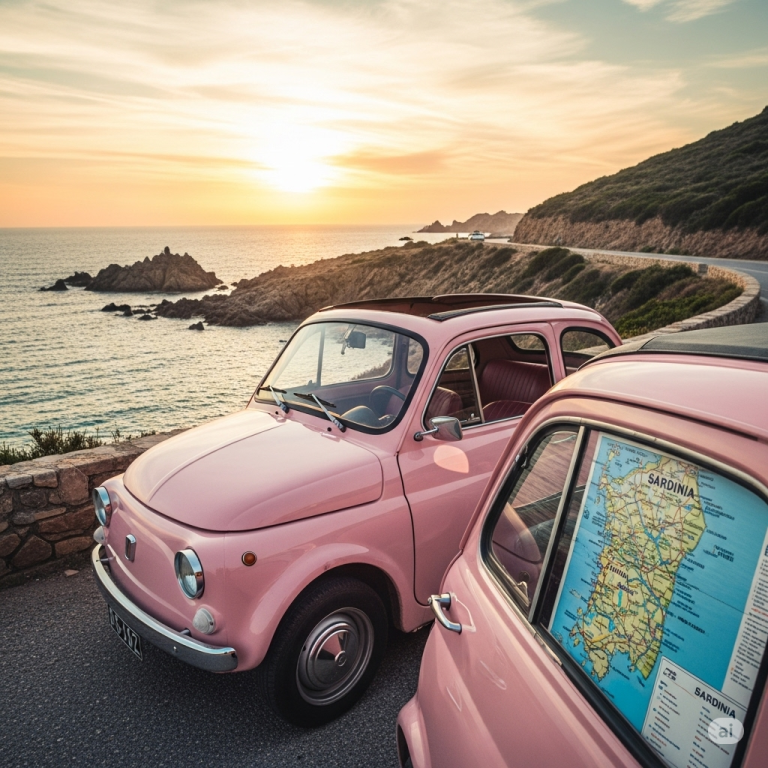 "Itinerario di 7 giorni in Sardegna del Sud: auto d'epoca su strada panoramica al tramonto."