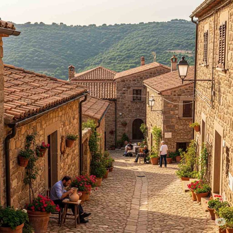 Veduta pittoresca di un antico borgo in pietra sardo, con strade acciottolate e case tradizionali, immerso nel paesaggio collinare mediterraneo.