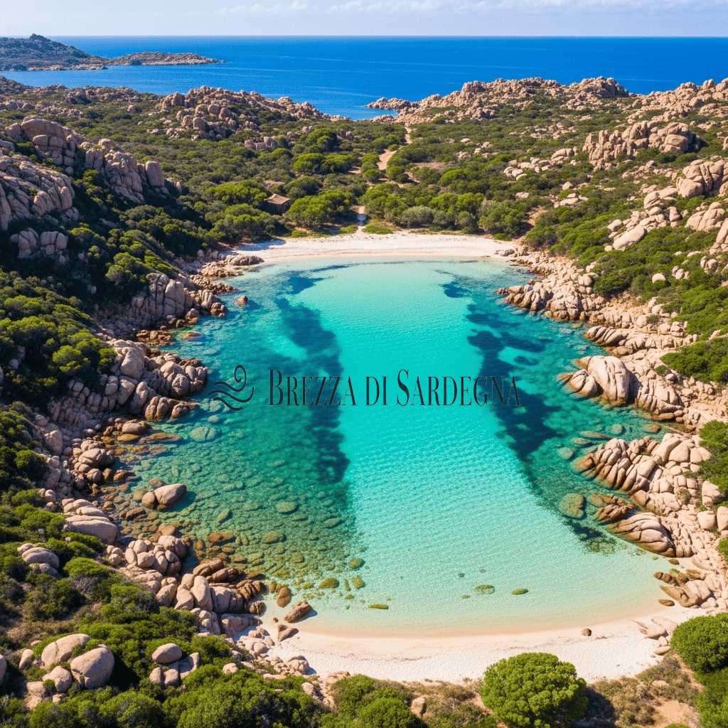Panoramica aerea di una baia dell'Arcipelago de La Maddalena con acqua turchese e rocce granitiche, simbolo di un paradiso incontaminato.