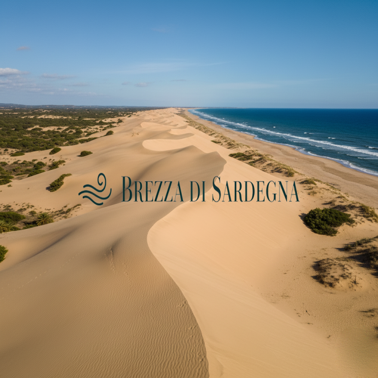 Imponente duna di sabbia dorata di Piscinas che scende verso il mare, con macchia mediterranea circostante e un'atmosfera selvaggia e incontaminata.