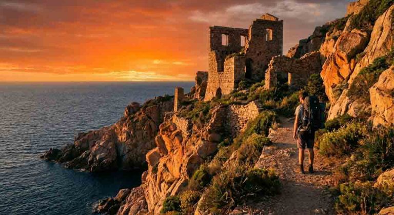 Una vista spettacolare del sentiero che costeggia la Laveria Lamarmora (un rudere industriale in pietra a picco sul mare), con il tramonto che illumina di arancione le rocce e l'acqua blu scuro in basso. Un escursionista solitario con zaino guarda verso l'orizzonte. Atmosfera nostalgica e avventurosa. Cammino minerario di Santa Barbara
