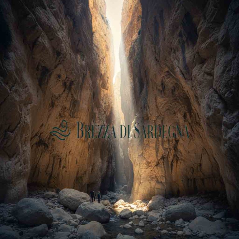 Panoramica drammatica della Gola di Gorropu, il canyon più profondo d'Europa, con le sue imponenti pareti calcaree illuminate dal sole che filtra dall'alto.