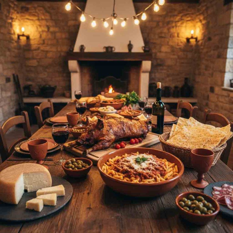 Una tavolata rustica e imbandita di prodotti tipici sardi (malloreddus, pane carasau, vino rosso) in un agriturismo di montagna. Agriturismi sardegna