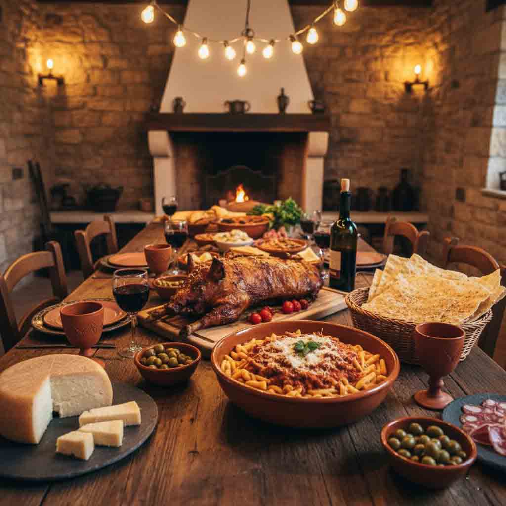 Una tavolata rustica e imbandita di prodotti tipici sardi (malloreddus, pane carasau, vino rosso) in un agriturismo di montagna. Agriturismi sardegna