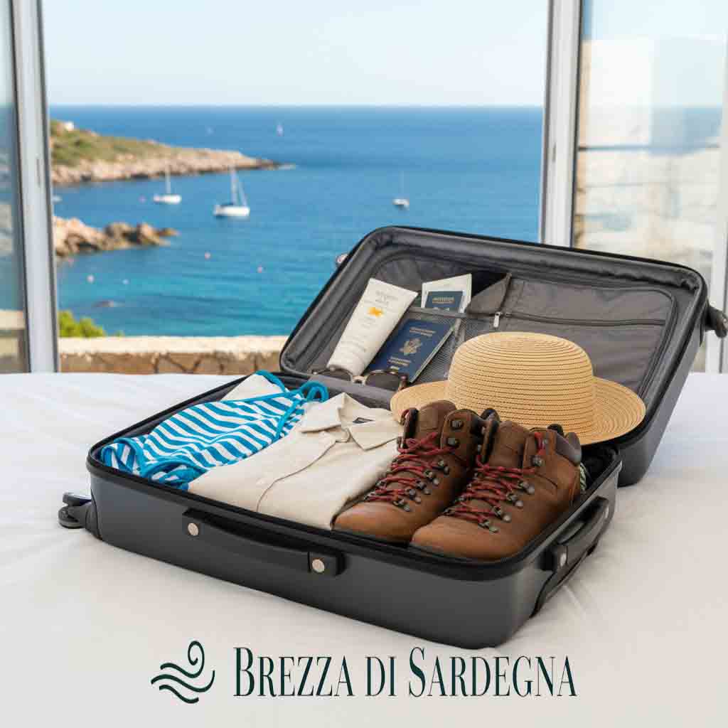 Una valigia di tela aperta su un letto con all'interno abiti estivi, costume da bagno, crema solare e un paio di scarpe da trekking, con una vista mare sullo sfondo.
