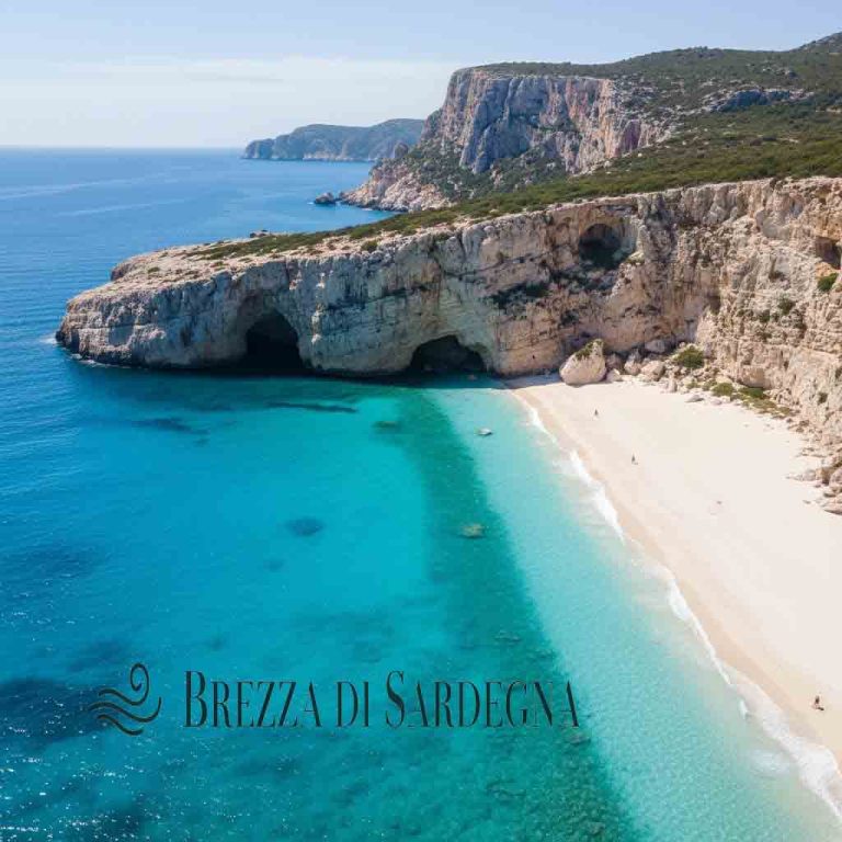 Panoramica aerea della spettacolare Cala Luna nel Golfo di Orosei, con le sue ampie grotte, la mezzaluna di sabbia e l'acqua turchese.