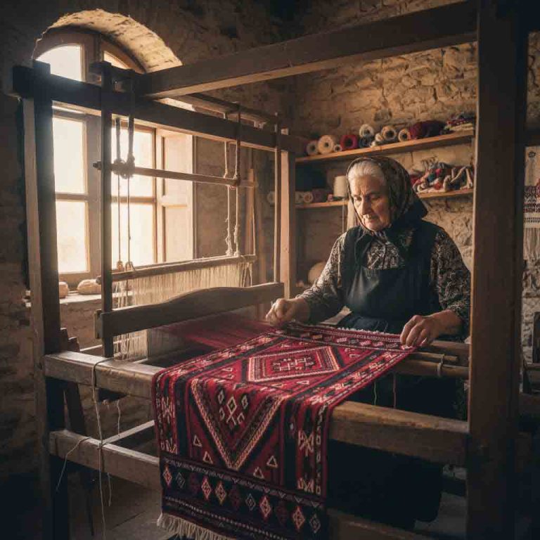Lana Sarda Primo piano di un'anziana artigiana sarda (donna) che tesse un tappeto tradizionale con motivi geometrici rossi e neri su un telaio antico in un laboratorio in pietra. Luce calda e naturale. Stile documentaristico, alta risoluzione