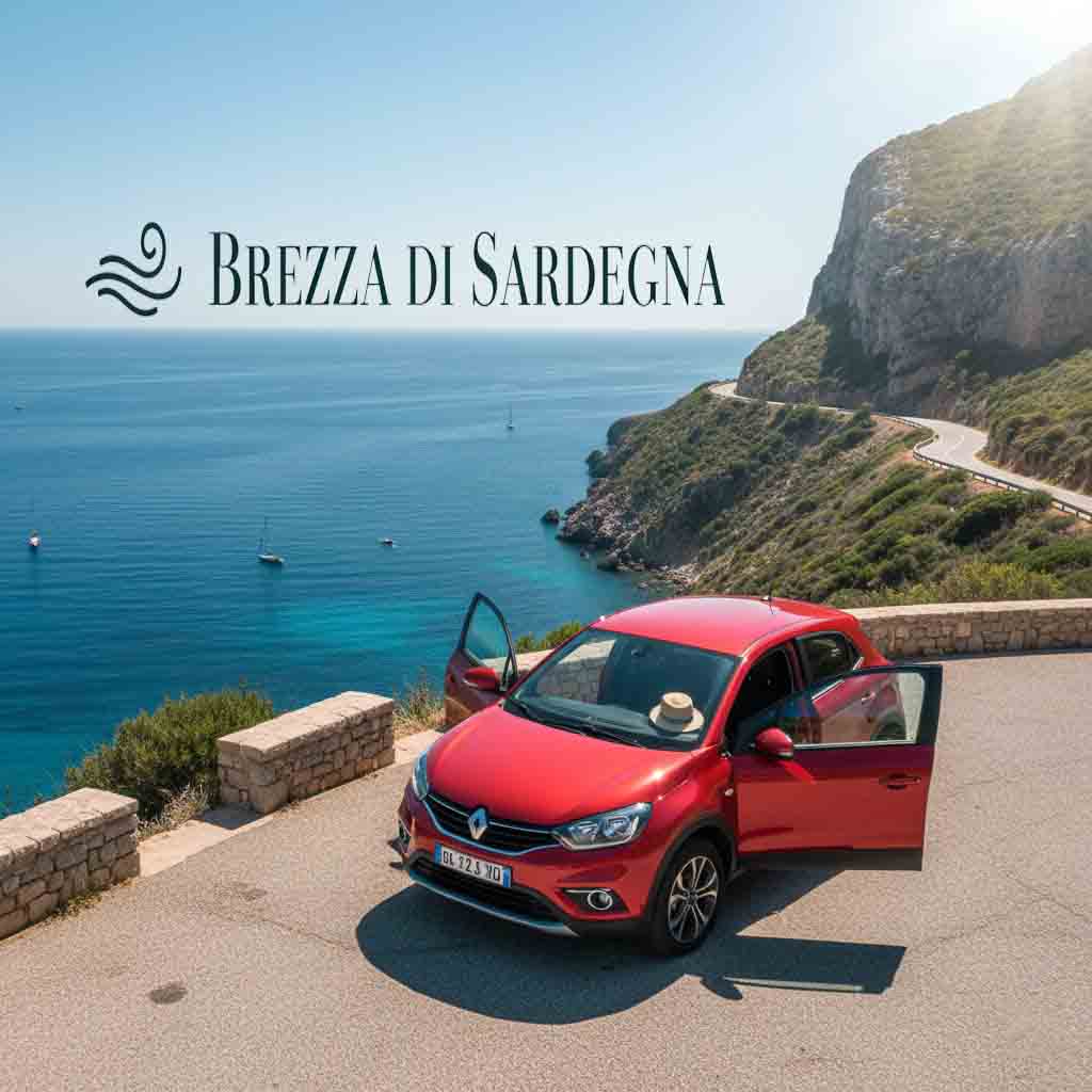 Una piccola auto a noleggio rossa parcheggiata su una strada costiera panoramica in Sardegna, con il mare azzurro sullo sfondo, simbolo di libertà di viaggio.