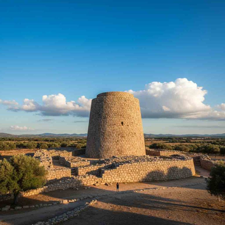 Nuraghi Sardegna Primo piano del complesso nuragico Su Nuraxi a Barumini in una giornata di sole, che ne evidenzia la maestosità e la tecnica costruttiva.