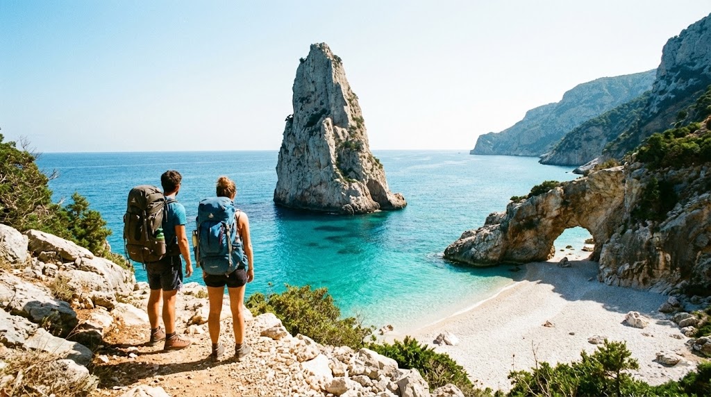 Escursionisti con zaini in spalla arrivano alla fine del sentiero e ammirano la spiaggia di Cala Goloritzé dall'alto, con l'iconica Guglia (Aguglia) di pietra calcarea che svetta sul mare turchese e l'arco naturale visibile sulla destra