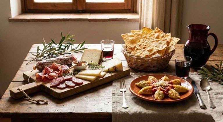 Cosa mangiare in Sardegna | Una tavola rustica in legno imbandita con un tagliere di salumi e formaggi stagionati, un cesto di pane carasau croccante, un piatto di culurgiones fatti a mano e una brocca di vino rosso scuro. Luce naturale laterale che esalta le texture del cibo. Stile "Food Photography" editoriale, caldo e accogliente.