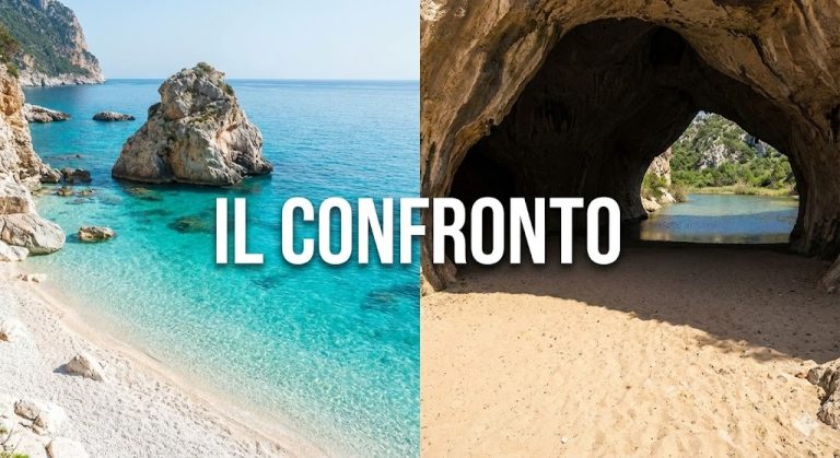 Un'immagine divisa a metà verticalmente (split-screen). A sinistra, le acque turchesi e i sassolini bianchi di Cala Mariolu con un grande scoglio in mezzo al mare. A destra, la sabbia dorata e le grandi grotte ombrose di Cala Luna con lo stagno retrostante. Testo bianco in sovraimpressione al centro: "IL CONFRONTO". Stile fotografico luminoso e naturale